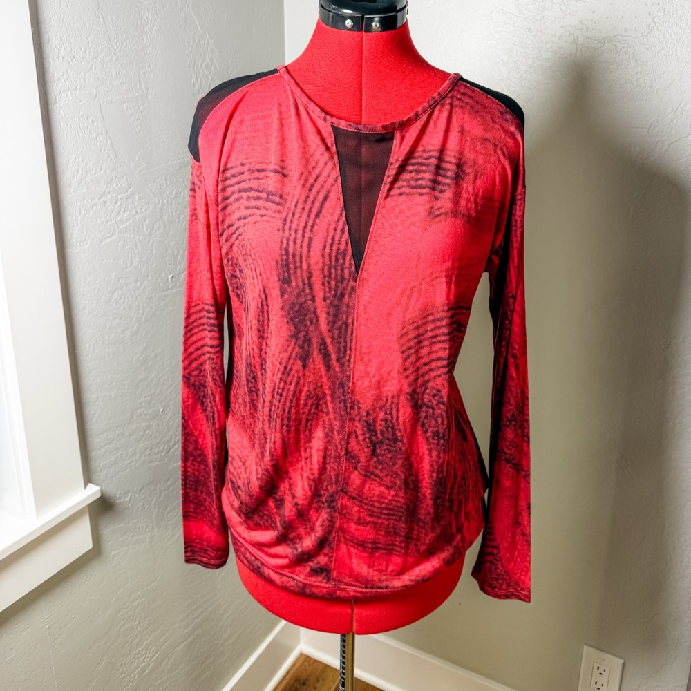 Calvin Klein Jeans Artsy Red Abstract Print Long Sleeve Top Size S